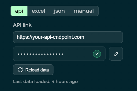 Coachbase's booking integration screen, showing the API connection method with an endpoint URL, key, and last data refresh time