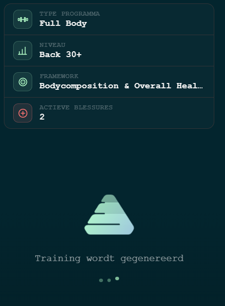 Coachbase generating a Full Body program — training type, level, framework, and active injury count shown while the session is built